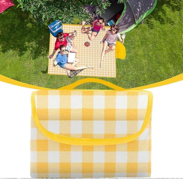 Picnicteppe, sammenleggbart, rutete, 200x200cm, utendørs, gult