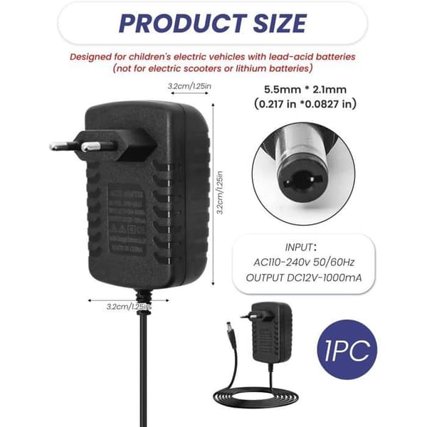 12V 1A Lader - 1.5m Kabel - 5.5mm Kontakt - For Barnas Elbil