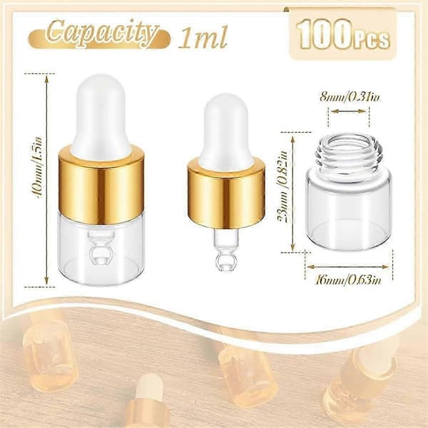 100 stk. mini glassdråpeflasker i bulk, klare essensielle oljedråpeflasker, små glassdråpeprøvebeholdere 1 ml