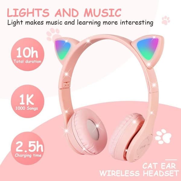 Barne Bluetooth Hodetelefoner - 1 Enhet - LED Katte-design - 84dB Volumbegrenser - HD Mikrofon - PC Nettbrett