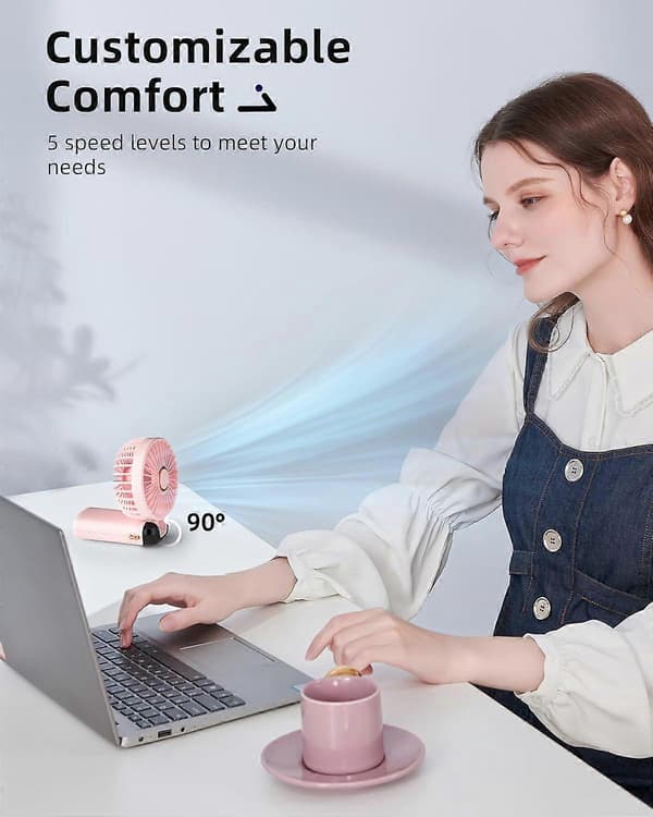 Håndholdt ventilator, batteridrevet ventilator med base, LED-display, 5 hastigheder, 90° justerbar foldbar bordventilator