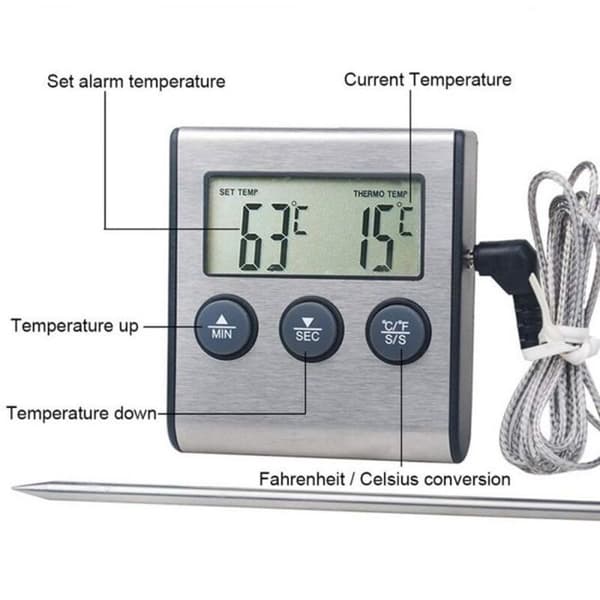 Digitalt stegetermometer med sonde til madlavning, grill, mælk, vin og vand