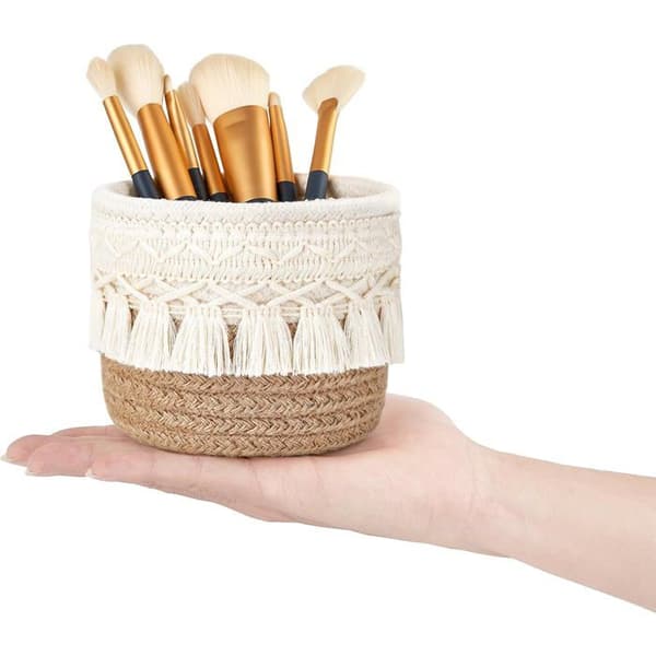 Sæt med 2 makramekurve, gul og hvid, makeupbørsteholder, blyantopbevaring, boho skrivebordsindretning, minikurv