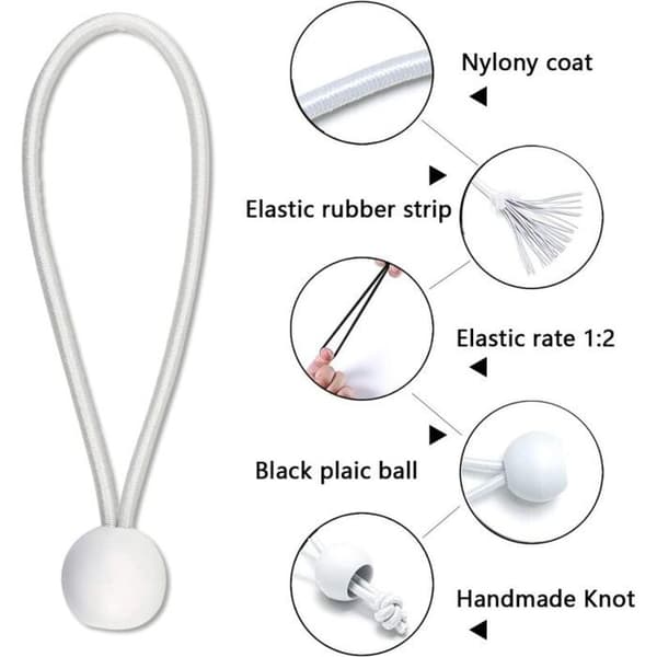 Pakke med 30 elastiske kugle-bungeesnore, elastiske bungeesnore med kugler, elastiksnor til presenninger, telte, bannere, campingpladser