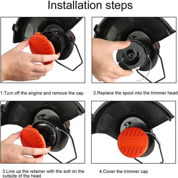 Sæt med 4 spolehætter + 4 udskiftningsfjedre kompatible med BLACK+DECKER RC-100-P trimmere