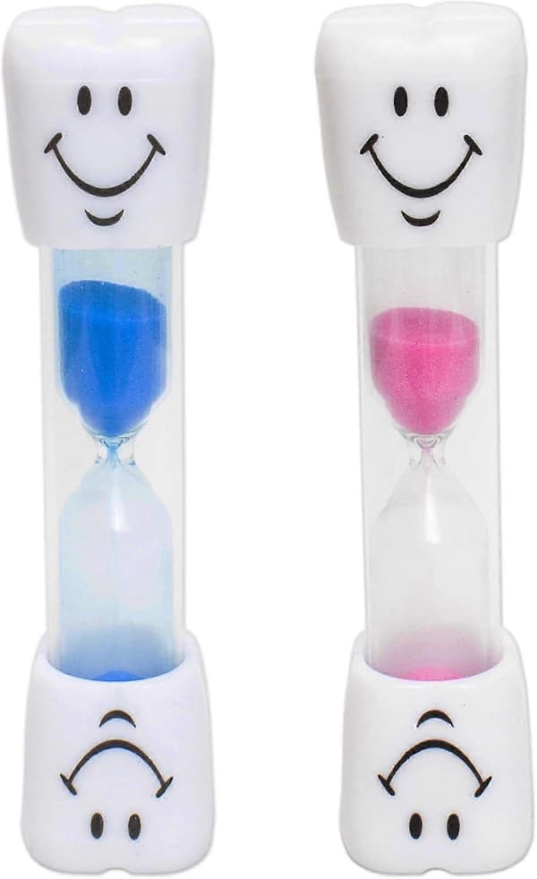 2 børnetandbørste-timere ~ 3 minutters smil timeglas-timer til børnetandbørste (1 blå og 1 lyserød)