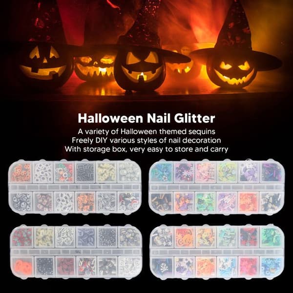 Glitterende akryl-negleklistremerker formet som gresskar og spøkelser, til Halloween