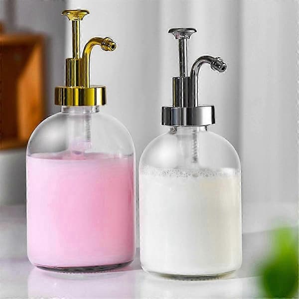 2 st tjocka klara glasburkar tvålpump med pump runda flaskor dispenser med rostfri pump diskmedelspumpar B