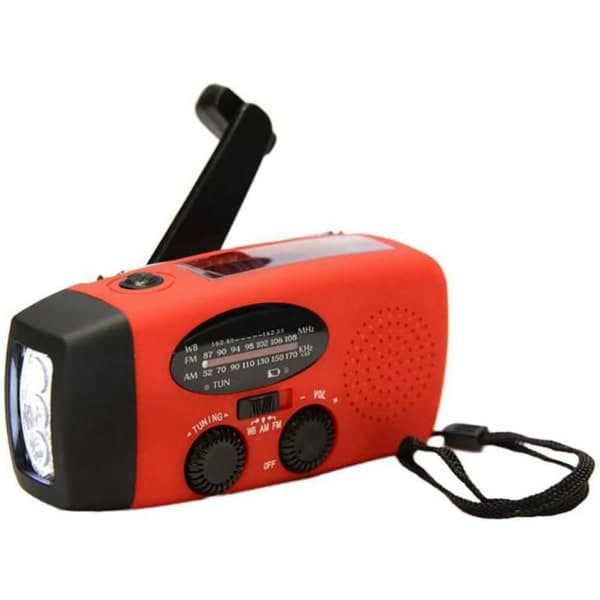 Hätäradio/käsiveiviradio aurinkokennoilla, taskulampulla ja varavirtalähteellä