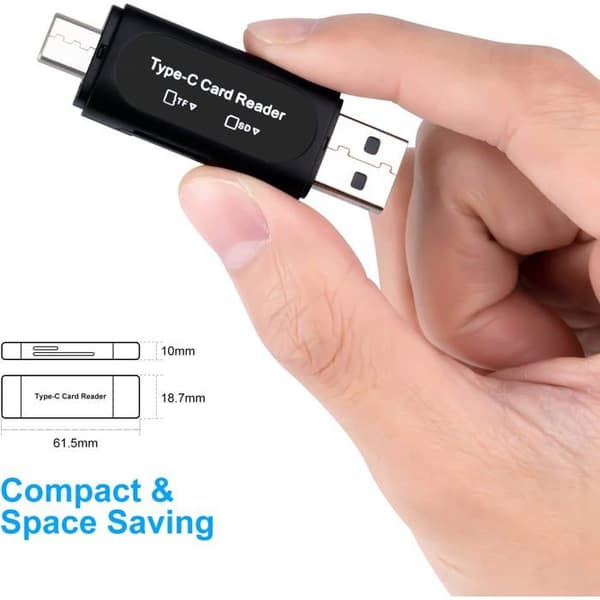 SD-kortlæser - 1 stk. - Sort - USB C og USB A - Hurtig overførsel - Til PC og Smartphone