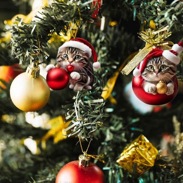 10 stk. akryl kat julepynt til juletræspynt, 2D søde julekatte ornamenter til katteelskere