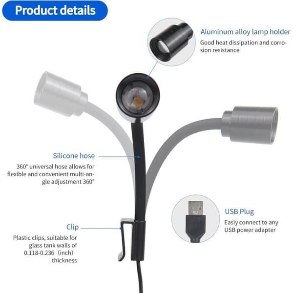 Mini Clip-on USB Akvarielys, 3 Tilstande, 10 Lysstyrkeniveauer, Dæmpbar, til Små 1-3 Gallon Akvarier (Adapter Ikke Inkluderet)