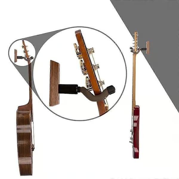Väggfäste för gitarr i svart valnöt, gitarrstativ i trä lämpligt för akustiska och elektriska gitarrer.