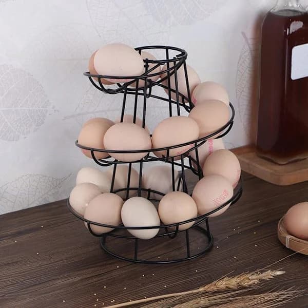Eggdispenser, eggspiral i rustfritt stål, spiraldesign, eggholder for ca. 30-36 egg, svart