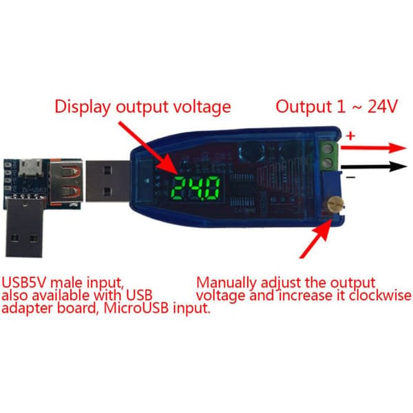 DC-strømregulatormodul, justerbart USB-potentiometer, boost- og buck-konverter