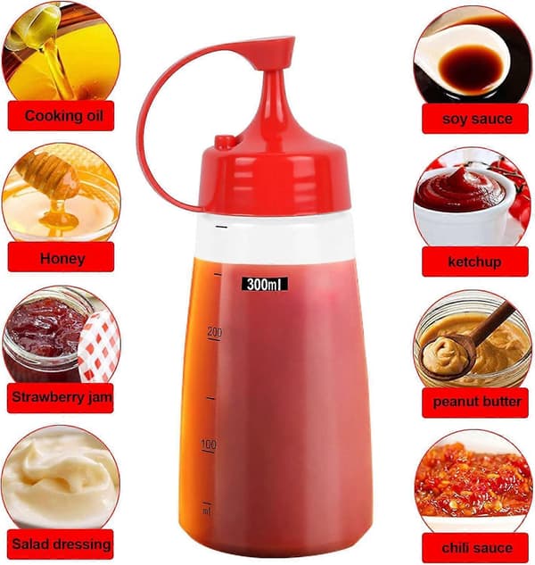 2 st 300 ml Plastflaskor med Gradering, Tryckflaskor med Lock, Squeezeboteller för Kryddor (Vit)