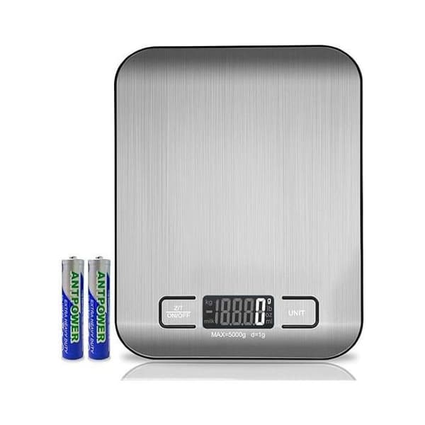 Elektronisk køkkenvægt, 5 kg/1 g, sølv, LCD-skærm, tarafunktion.