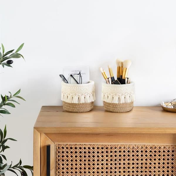 Sæt med 2 makramekurve, gul og hvid, makeupbørsteholder, blyantopbevaring, boho skrivebordsindretning, minikurv