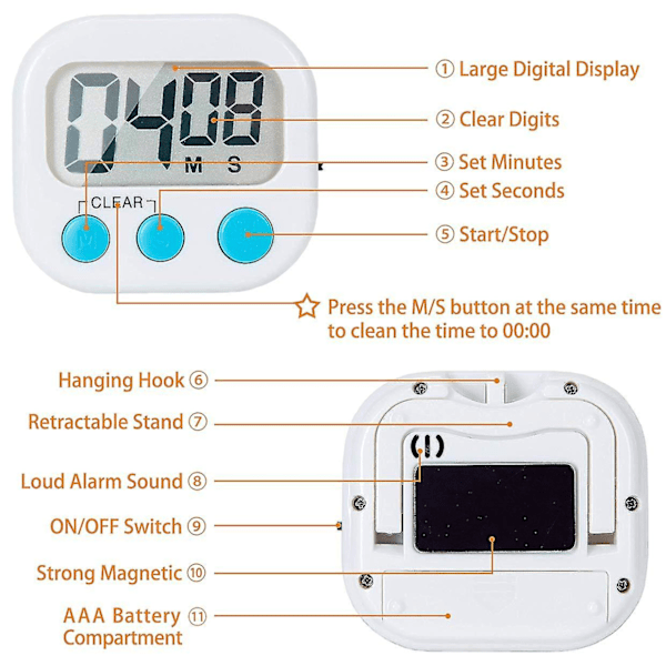 12-pak digital køkkentimer med tænd/sluk-knap, høj alarm