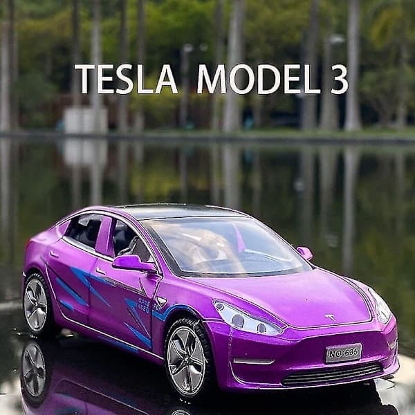Tesla Trykstøbt Modelbil – 1:32 legering med lyd og lys til børnefødselsdagsgave – Vælg model og farve Model 3 Purple