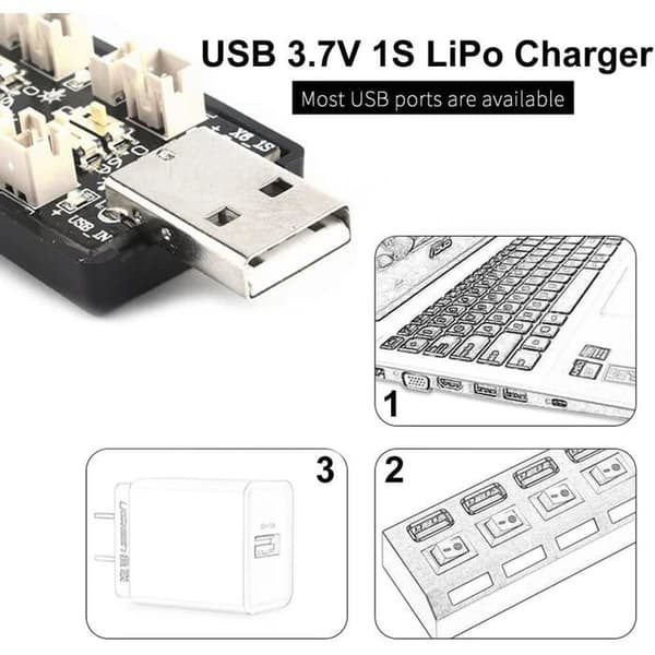 6-kanals USB-lader - 1S LiPo 3.7V - JST PH 2.0 og Micro 1.25 kontakter - For RC og modellfly