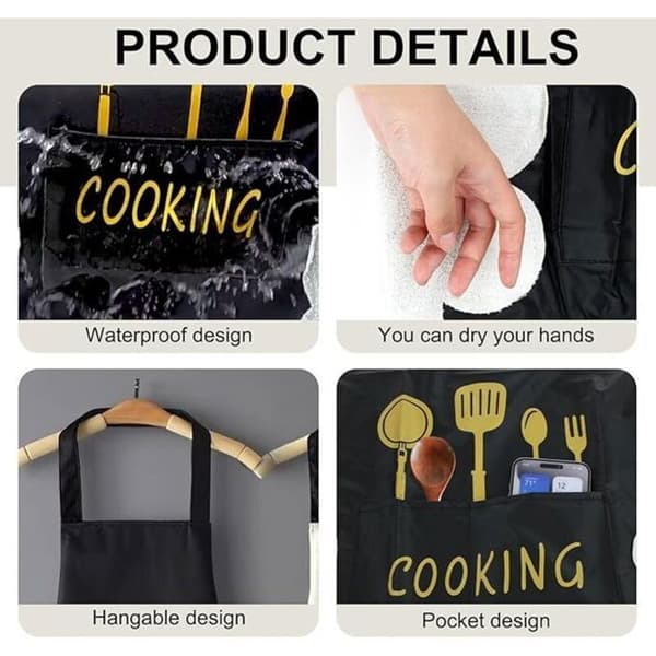 Dameforklæde med lommer, sort, store lommer, håndtørrer, vandtæt, ideelt til madlavning, bagning og grillning