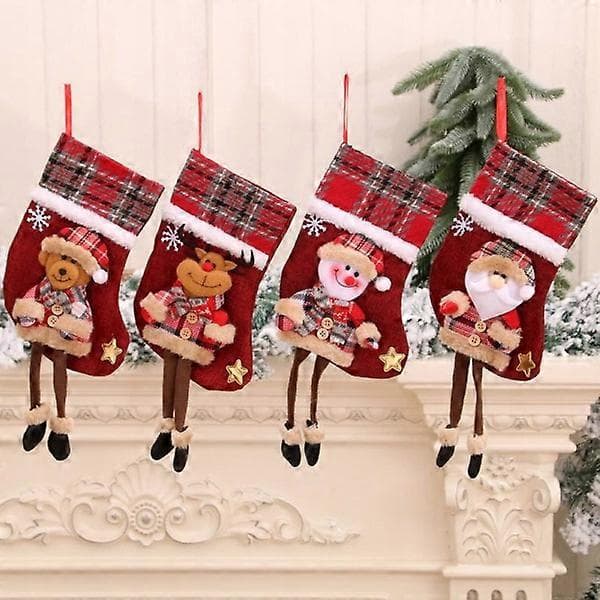 4 julestrømper julepynt Santa strømper Gitter klud dukker Fluff strømper juletræshænger
