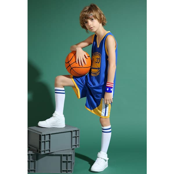 Stephen Curry #30 Basketlinne Set Warriors Uniform för Barn och Ungdom Blå - Perfekt Blå Blå 2XL(155-165CM) Blue 2XL(155-165CM)