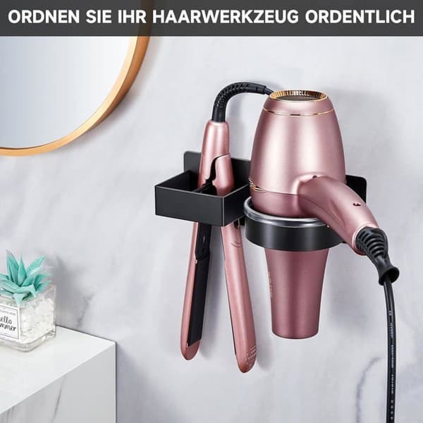 Hårtørrer- og glattejernsholder til badeværelse/soveværelse/hotel, ingen boring påkrævet, klæbende/skruemontering