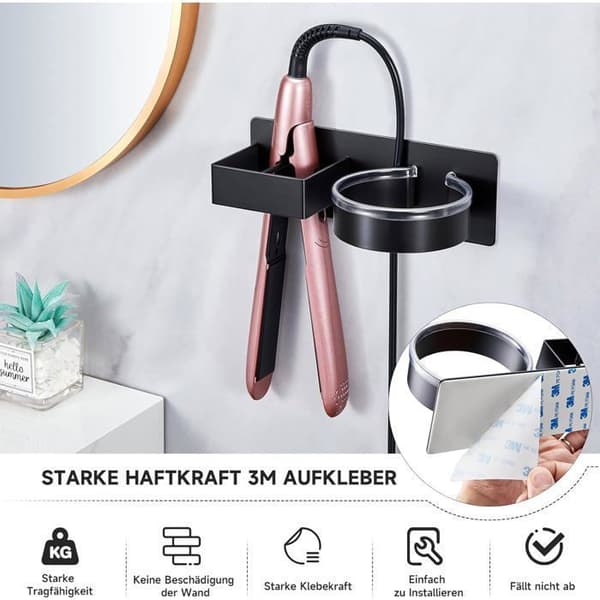 Hårtørrer- og glattejernsholder til badeværelse/soveværelse/hotel, ingen boring påkrævet, klæbende/skruemontering