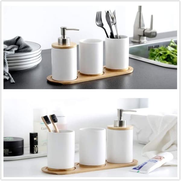 4-delat badrumsset - Keramik och bambu - Dispenser och borsthållare - Nordisk design - P
