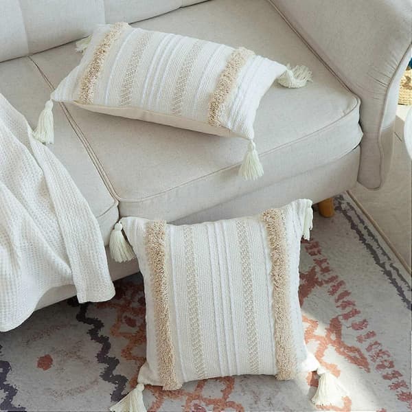 Dekorativt Boho Pyntepudebetræk, Beige Pudebetræk til Sofa Seng, Vævet Tuftet Bomuldspudebetræk med Kvaster