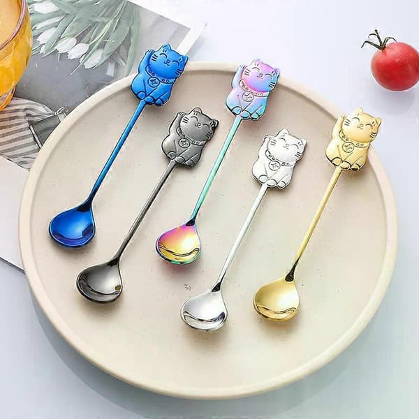 Kaffeske i rustfrit stål Sød Lucky Cat-form Teske Dessert Snack Scoop Is Mini Skeer Charming Blue