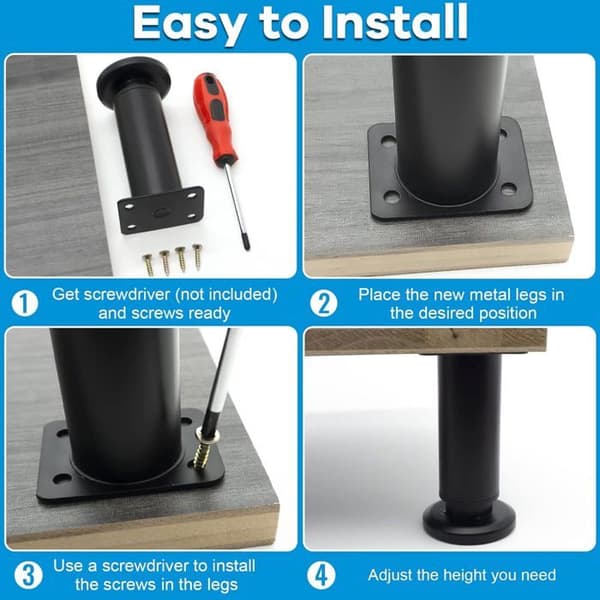 Sæt med 4 robuste justerbare møbelben i metal 12-18 cm til sofa, seng, skrivebord, bord, sort kæde