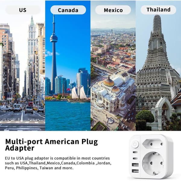 Kompakt 6-i-1 Sort Rejseadapter til USA, 2 USB-C og 2 USB-A, Hurtig Opladning til USA, Canada og Mexico