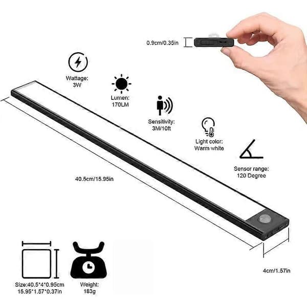 2 LED-vaatekaappilamppua, 40 cm, langaton, USB-ladattava