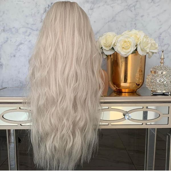 Dammode Front Lace Peruk Grått Syntetiskt Hår Långa Peruker Vågiga Lockiga Peruker