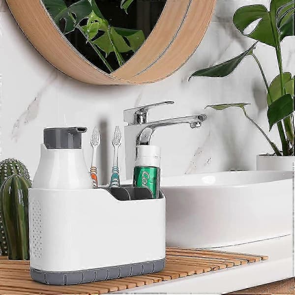 Oppvaskmiddeldispenser med svampholder, såpepumpe i plast med såpesvampholder