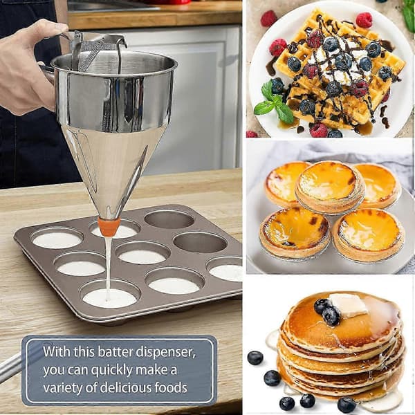 Pandekagedejdispenser, multifunktionel tragtkagedispenser i rustfrit stål med stativ, fantastisk til pandekager, cupcakes