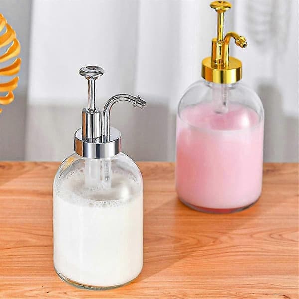 2 st tjocka klara glasburkar tvålpump med pump runda flaskor dispenser med rostfri pump diskmedelspumpar B