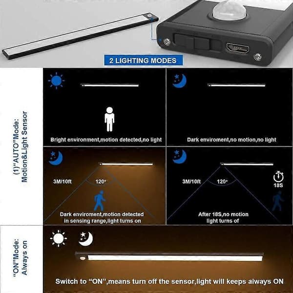 2 LED-vaatekaappilamppua, 40 cm, langaton, USB-ladattava