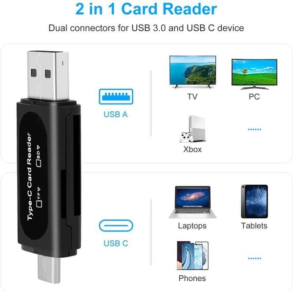 SD-kortleser - 1 stk - Svart - USB C og USB A - Rask overføring - For PC og smarttelefon