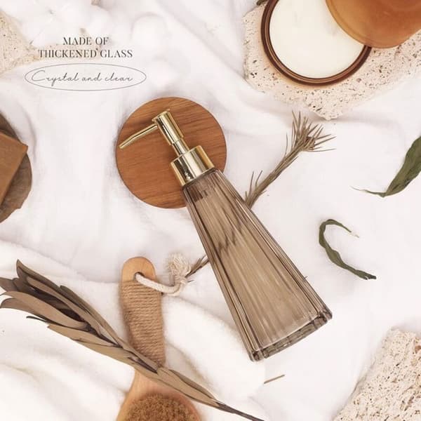 Elegant vintage sæbedispenser i glas, sæbedispenser, desinfektionsdispenser, shampoodispenser med kvast, rustik bondehusindretning
