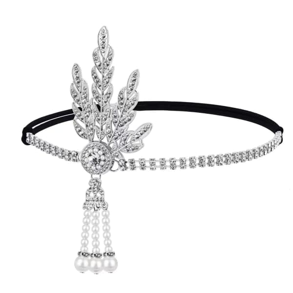 1920-talls Flapper Hodebånd Blad Rhinestone Hodeplagg Perle Hodeplagg Great Gatsby Hårtilbehør for Kvinner og Jenter (Sølv)