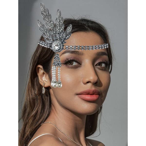 1920-talls Flapper Hodebånd Blad Rhinestone Hodeplagg Perle Hodeplagg Great Gatsby Hårtilbehør for Kvinner og Jenter (Sølv)