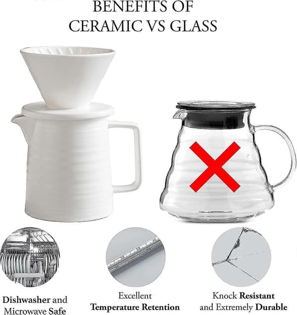 Pour Over Kaffebrygger Sett, Premium Keramisk V60 Drypper og Karaffel, 1-2 Kopp Hjemmefilter Kaffebrygger (hvit)