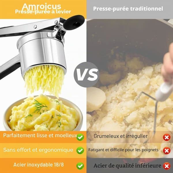 Potetmoser i rustfritt stål 450 ml - 18/10 stål - 3 mm perforert base - Ergonomisk håndtak - For gnocchi-mos