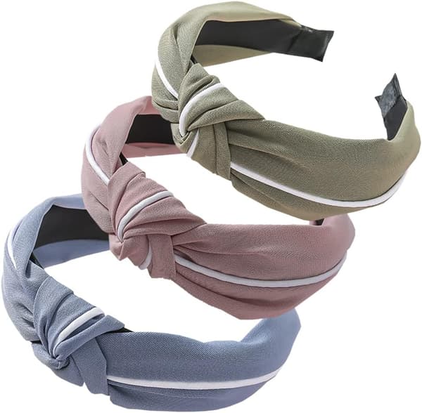 Hårband för damer, 3-pack, knutna hårband, breda elastiska hårband (grön, grå, rosa)