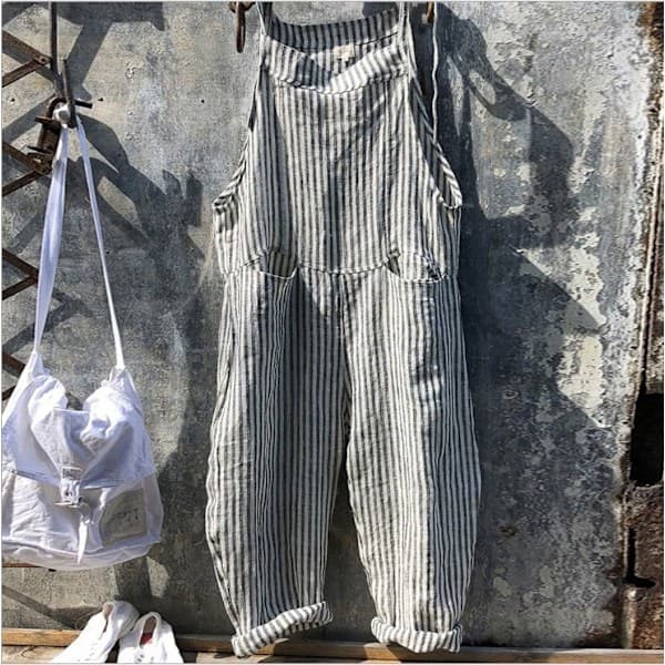 Jumpsuit i bomull og lin med striper for kvinner, rød rød 2XL M
