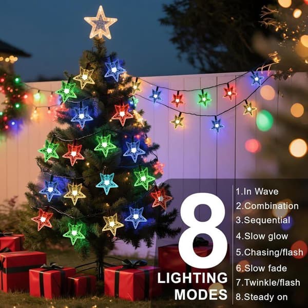 Solcellelyslenke, 7m 50 LED-stjerner. 8 moduser, vanntett. Dekor til hage, uteplass, jul og fester